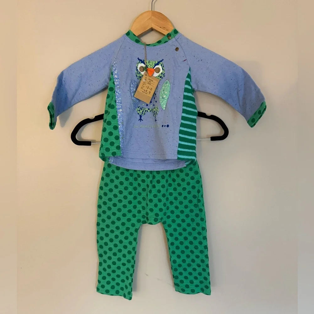 NWT Rag Mart Baby Funky Eclectic Green and Blue Owl Appliqué Matching Set Sz 80 - Picture 1 of 5